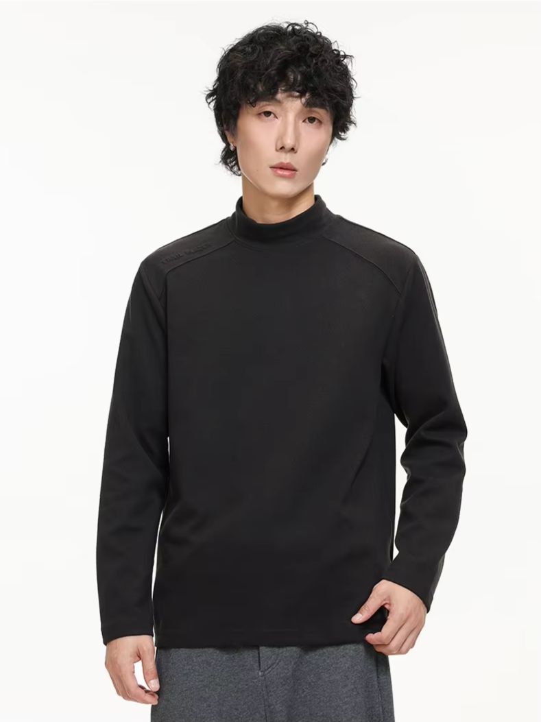Base Layer Top - 심플 베이직 패치워크 미드칼라 긴팔 티셔츠